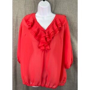 Lane Bryant 3/4 Sleeve Sheer Ruffle Blouse Women's Size 18/20 Coral Pink